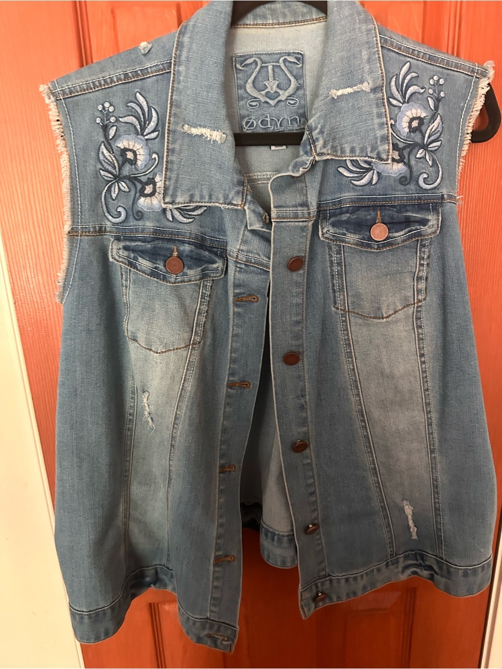DNY Light Blue Embroidered Sleeveless Denim Vest
